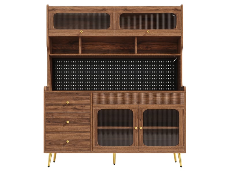  Meuble tv haut 145x39x171 cm couleur noyer, mdf métal et verre, rangement avec led et app  - Conforama D