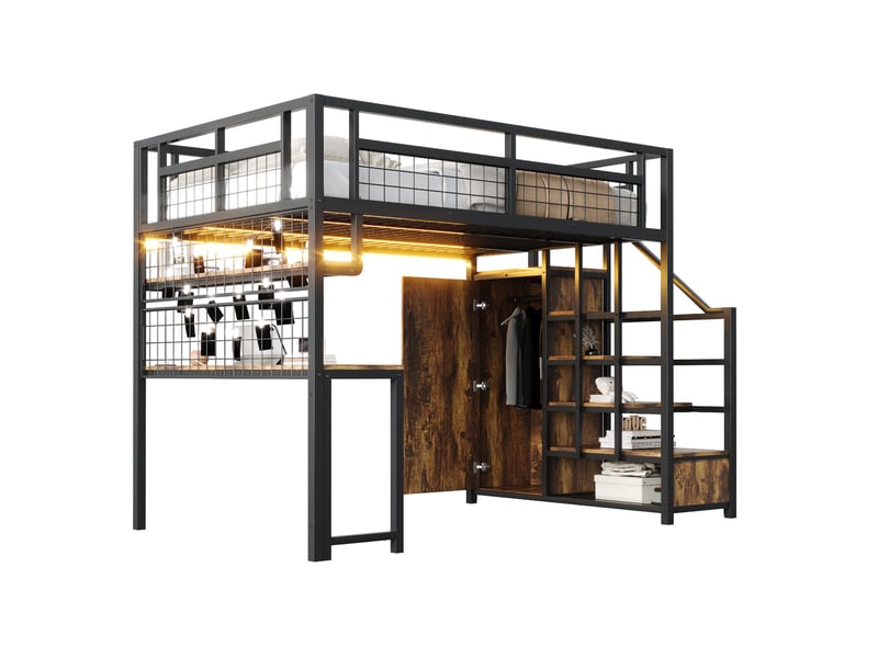  Lit mezzanine 140 x 200 cm en métal noir avec bureau, rangement et prises  - Conforama A