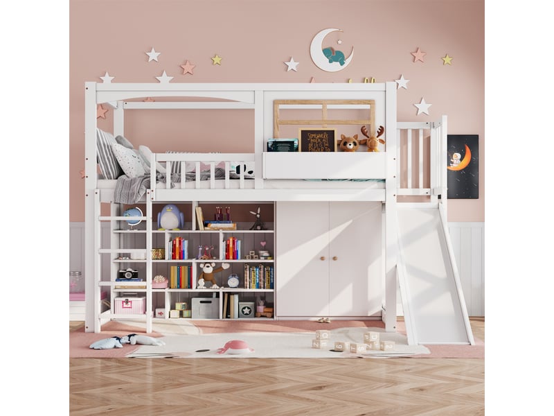 Lit mezzanine enfant 90x200 cm, avec toboggan et armoire penderie gain de place étagères de rangement, en bois de pin massif et mdf, blanc - Conforama C