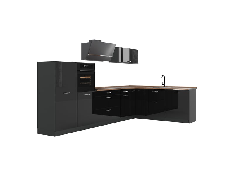  Vicco cuisine en angle, noir haute brillanceanthracite, 347 x cm plan de travail chêne doré  - Conforama A