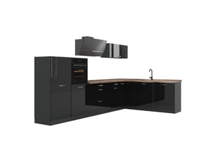 Vicco cuisine en angle, noir haute brillanceanthracite, 347 x cm plan de travail chêne doré