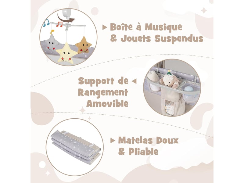 Costway 5 en 1 lit parapluie évolutif bébé avec matelas, table à langer amovible, boîte à musique, jouets (beige)