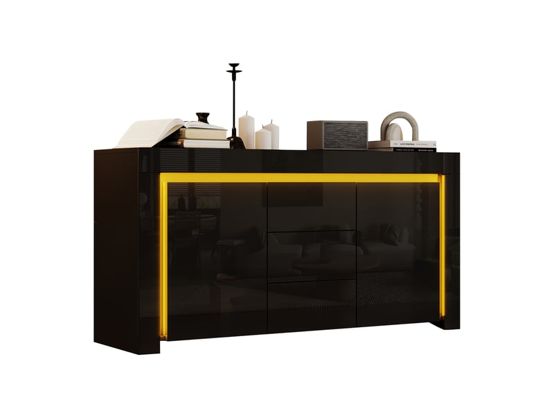  Buffet noir 140 x 40 x 65 cm avec éclairage led, 2 portes, 3 tiroirs, façade brillante  - Conforama A