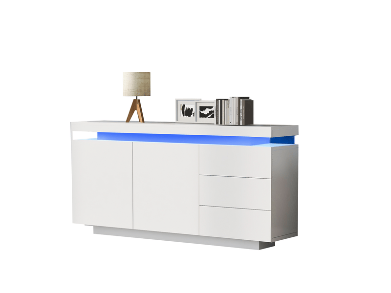 Buffet avec 2 portes et 3 tiroirs led pour salon en panneaux de particules 140×35×72,5 cm blanc - Conforama A