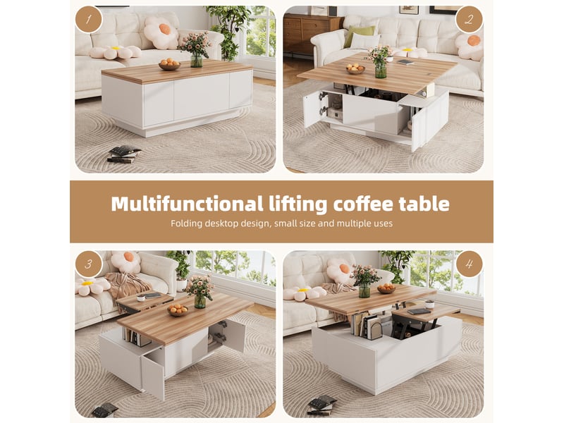  Table basse rectangulaire à double plateau relevable – rangement caché – blanc et bois – 100 x 50 cm  - Conforama C