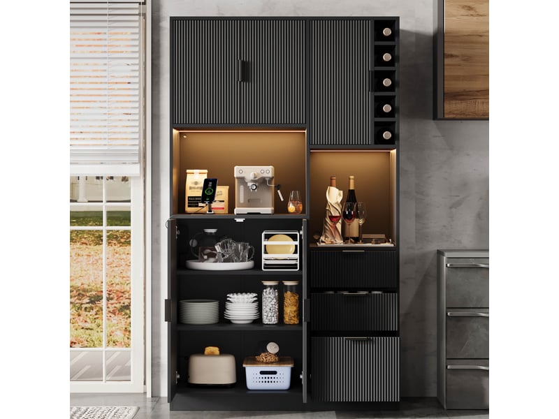 Buffet - 105x 40x180 cm - meuble de rangement avec station de charge, éclairage led connecté, tiroirs et casier à vin - noir - Conforama D
