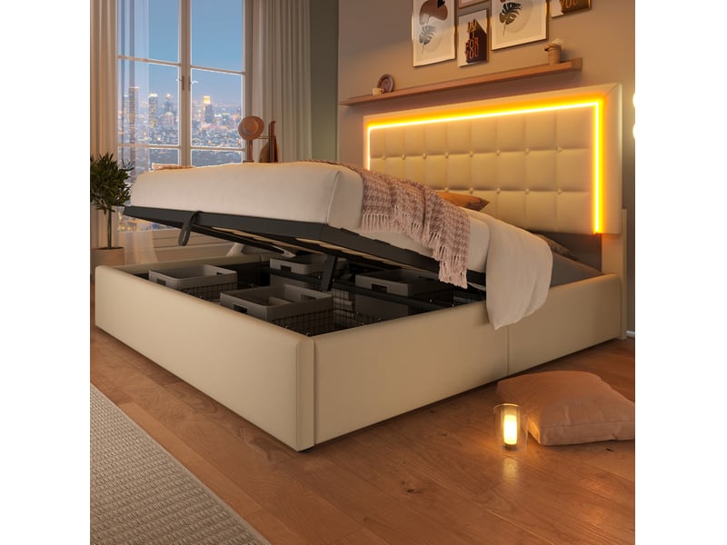  Lit coffre 180 x 200 cm blanc en pu avec sommier à lattes et éclairage led  - Conforama B