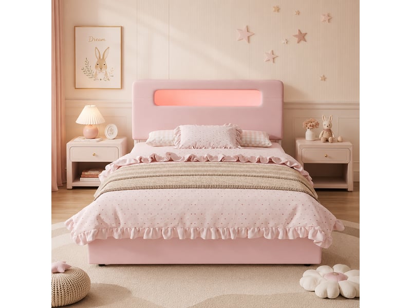 Lit enfant rembourré 140x200 cm en velours avec rangement, tête de lit avec étagères, 4 tiroirs, éclairage led - rose - Conforama D