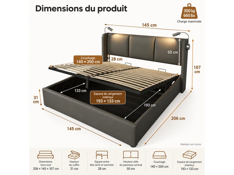  Lit double rembourré 140x200 cm avec coffre de rangement, tête de lit avec liseuse et usb, sommier à lattes, revêtement pu, sans matelas IKSETERA TRADING LTD - Conforama C