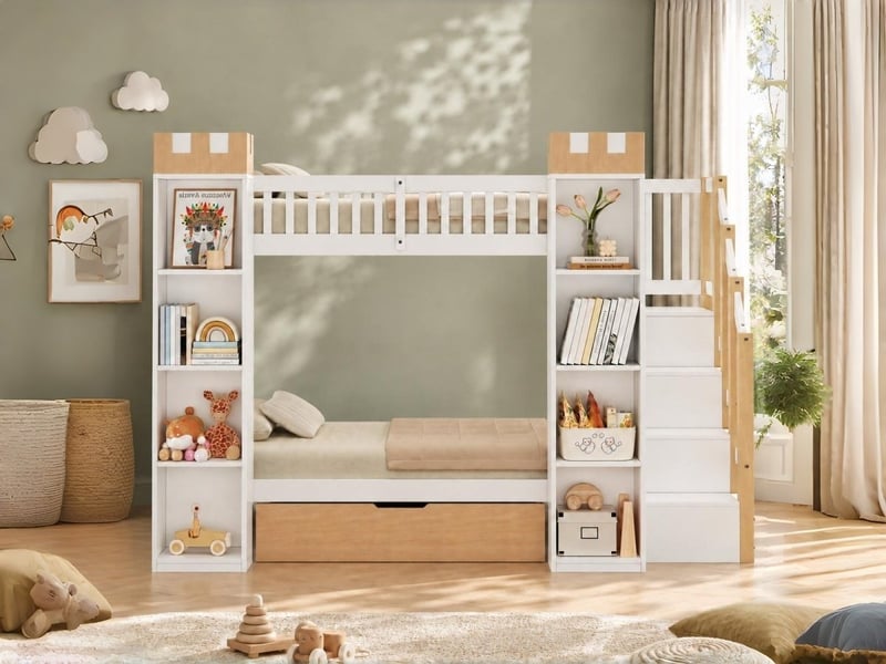  Lit superposé pour enfant en bois, 90 x 200 cm, avec tiroir, barrière de sécurité et escalier de rangement, blanc et bois naturel  - Conforama B