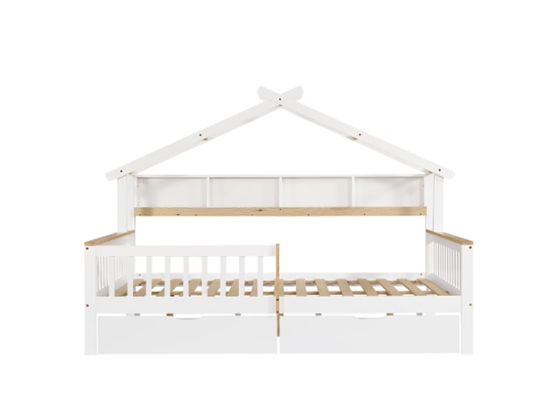 Lit enfant, 140×200 cm, protection anti-chute + barrière, design toit, étagère 2 m, 2 tiroirs sur roulettes, pin + mdf, blanc - Conforama A