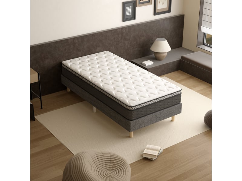  Sommier tapissé gris 90x200 + matelas ressorts ensachés 25 cm, 6 pieds fournis  - Conforama E