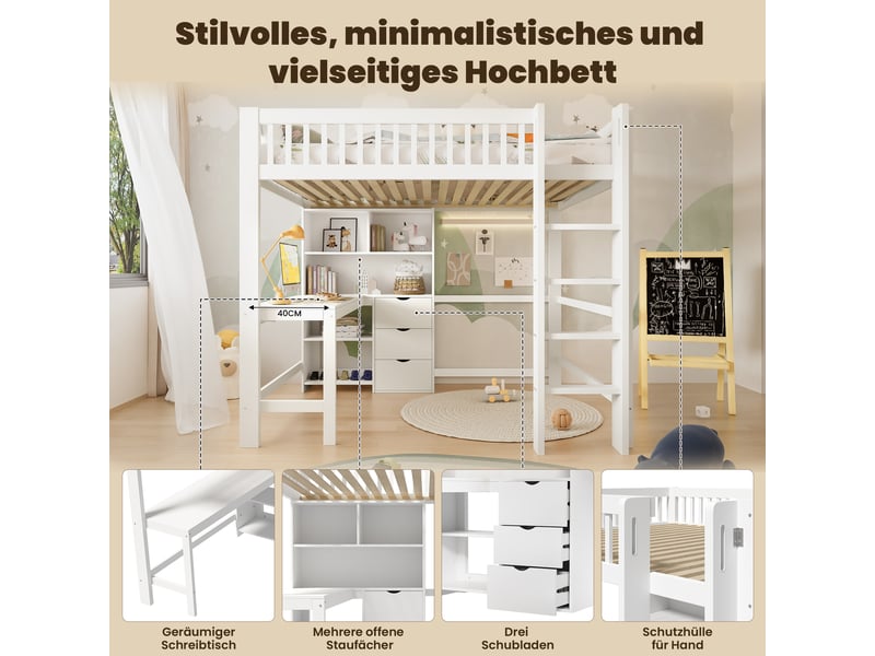  Lit mezzanine 140x200 blanc avec bureau, échelle, étagères et 3 tiroirs, structure en pin et mdf, couchage surélevé enfant  - Conforama E