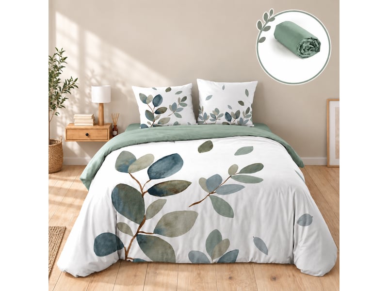  Parure de lit 240 x 220 cm 100% coton 42 fils joyce + drap housse 140 x 190 cm sauge  - Conforama A