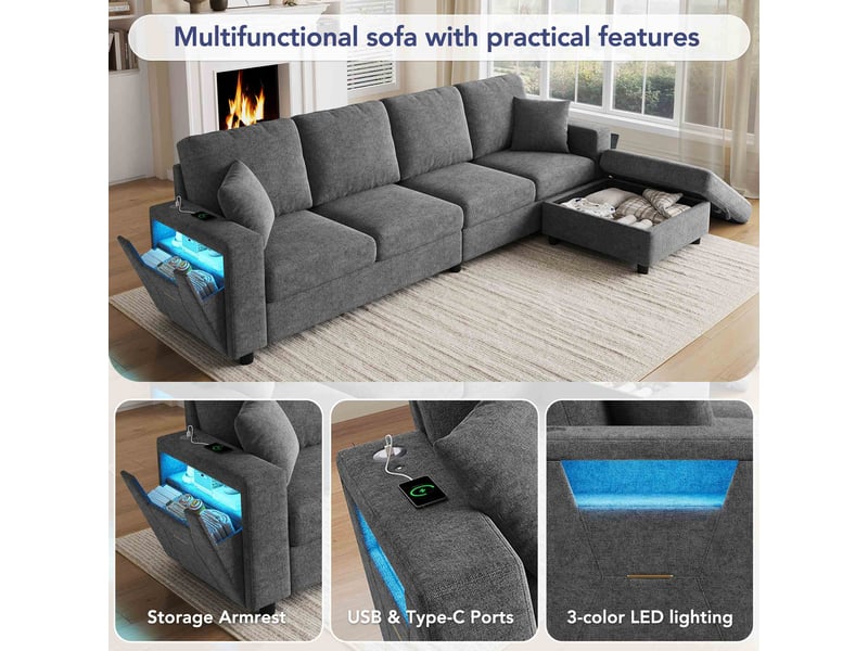  Canapé d'angle l 4 places 282x153x82 cm en polyester avec pouf coffre mobile, accoudoir led usb-c, coussins amovibles, canapé modulable moderne -gris  - Conforama E