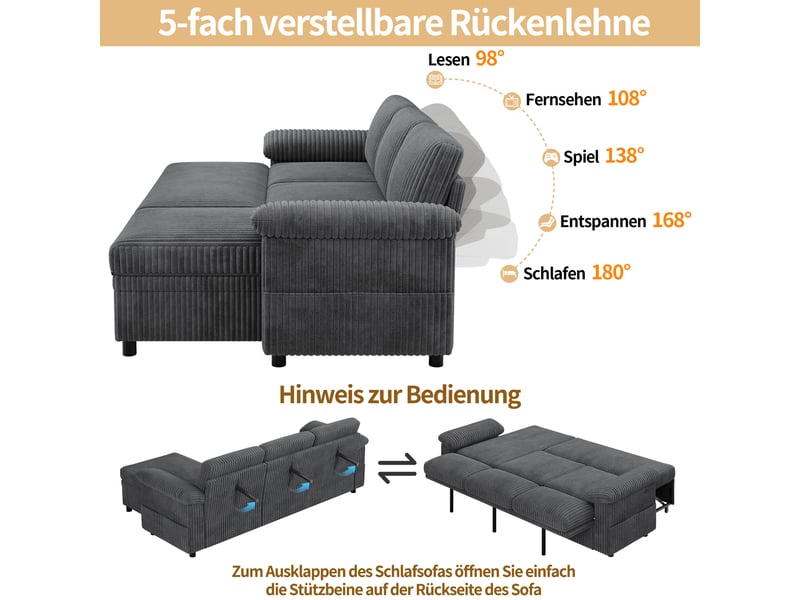  Canapé d'angle convertible réversible en velours côtelé gris avec coffre  - Conforama D