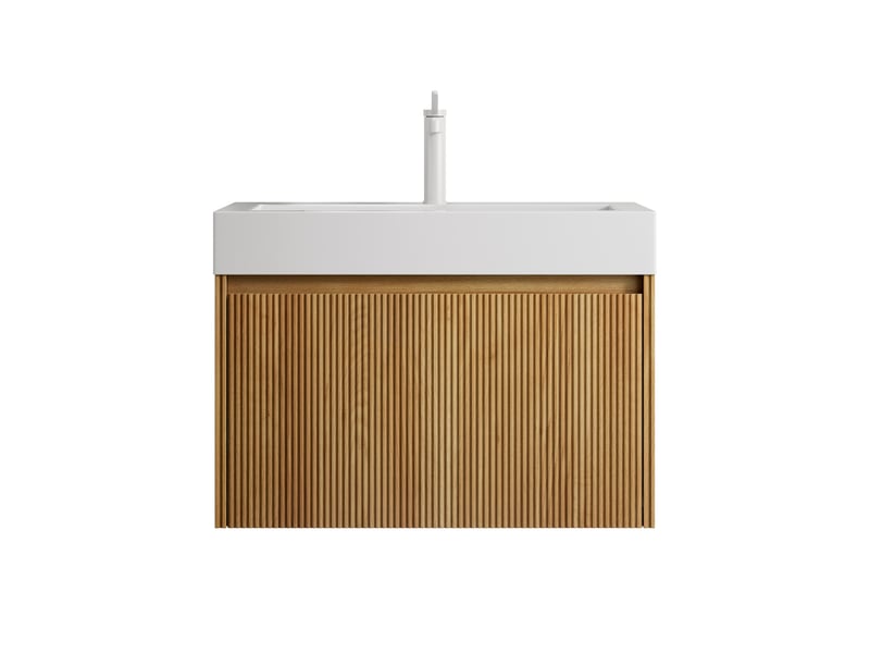  Meuble salle de bain suspendu 70 cm vasque intégrée en résine blanche bois naturel  - Conforama A