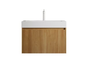 Meuble salle de bain suspendu 70 cm vasque intégrée en résine blanche bois naturel