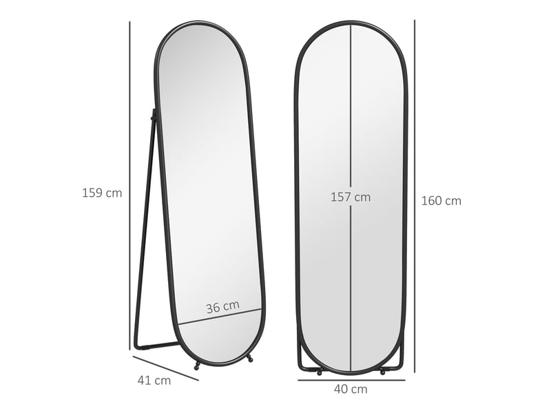 Grand miroir sur pied, miroir ovale, cadre en métal noir, avec support pour entrée, chambre, dressing, 40 x 160 cm  - Conforama E