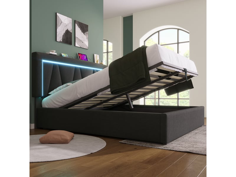  Lit rembourré rayofi 160x200 avec led intégrées, ports usb et chargeur type-c, sommier à lattes, cadre lin, matelas inclus ABMA434142G - Conforama W