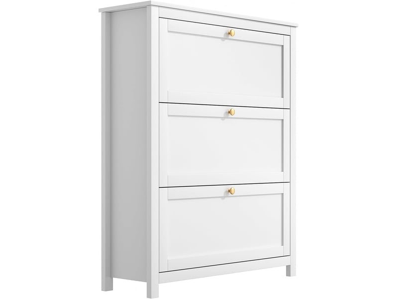  Meuble à chaussures étroit blanc de 90 cm de long avec 3 portes, idéal pour une entrée. Dimensions : 90 x 30 x 110 cm.  - Conforama A