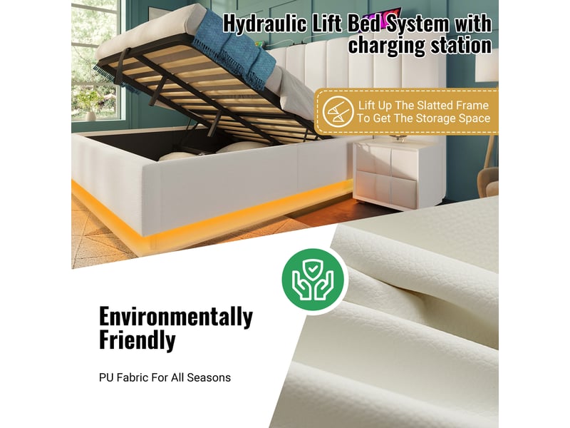  Lit coffre 160x200 en pu pour adulte,cadre de lit rembourré hydraulique, grande tête de lit, sommier tapissier, led,blanc moderne  - Conforama E