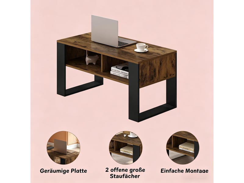 Table basse avec 2 niches de rangement pour salon en bois 90×45×45 cm noir et brun rustique - Conforama C