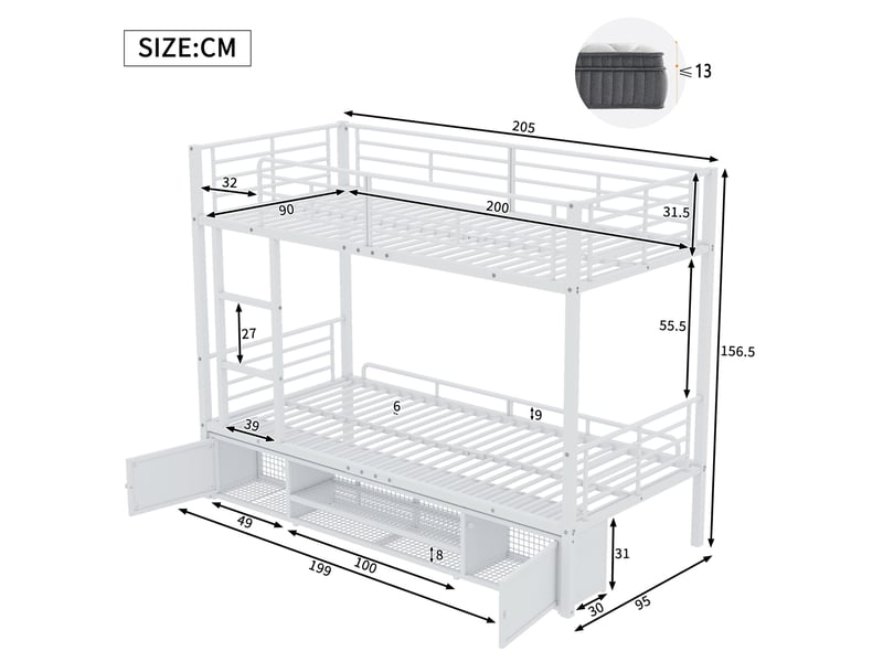  Lit superposé enfant 90 x 200 cm en métal blanc avec échelle et rangements  - Conforama C