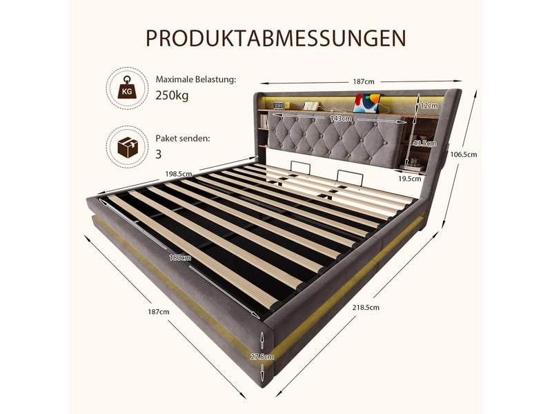Lit coffre rembourré 180 x 200 cm, rangement hydraulique, tête de lit avec étagères, led, 2 usbtype-c, sommier à lattes, velours, gris foncé Seren Glow - Conforama C