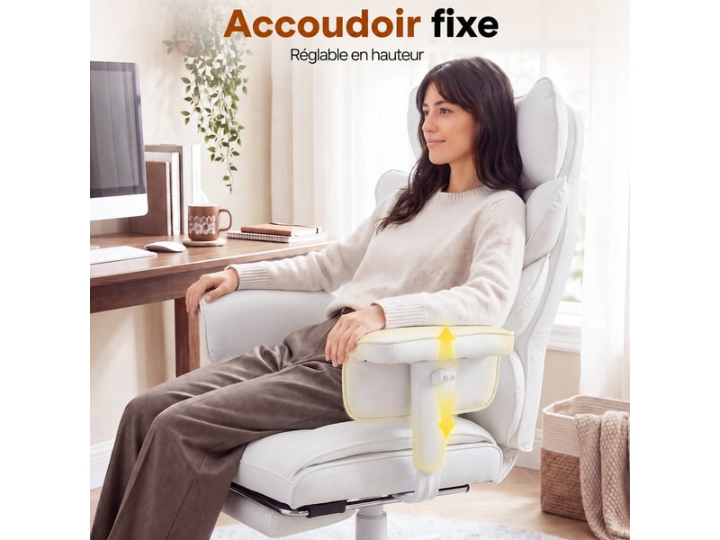  Fauteuil de bureau ergonomique inclinable 90°-135°, repose-pieds, hauteur réglable,farbic,blanc  - Conforama B