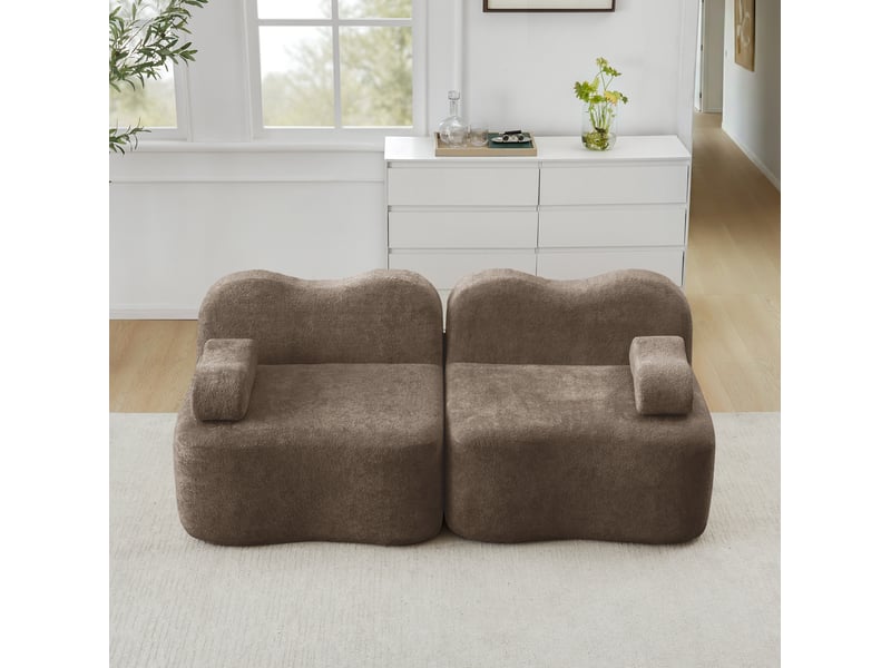 Canapé droit modulaire 2 places en velours brun, forme ondulée et assise profonde pour votre salon au quotidien  - Conforama B