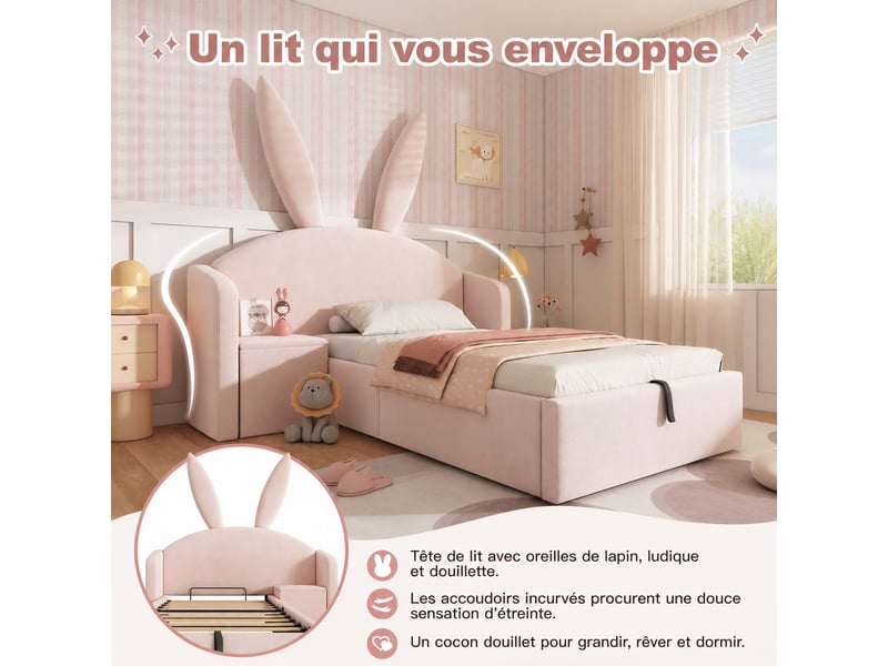  Lit enfant rose 90 x 190 cm avec oreilles de lapin, rangement et velours  - Conforama E