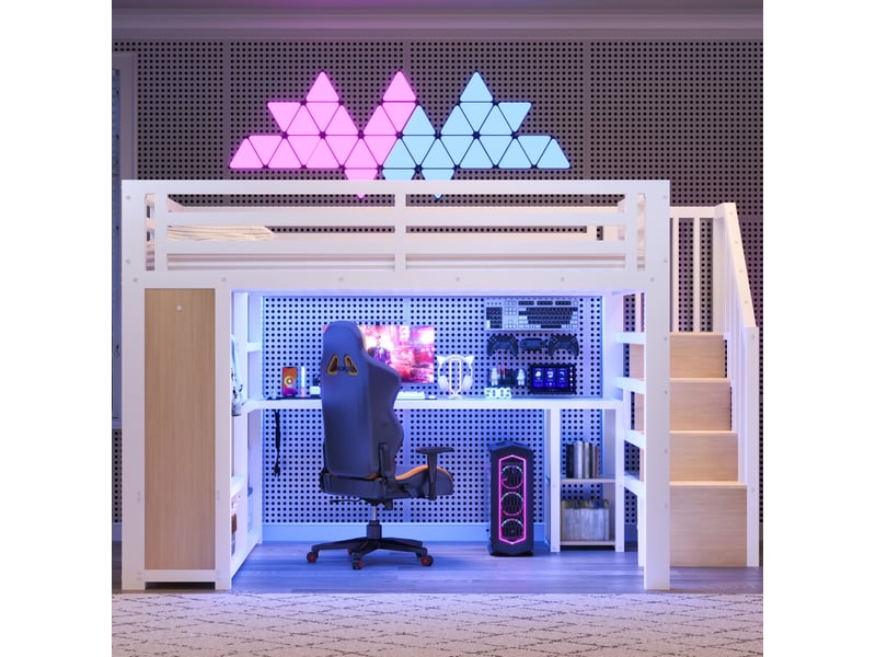  Lit surélevé 140x200 cm, métal, blanc, équipé de rangement, de bureau, de port usb et de led, sans matelas  - Conforama E
