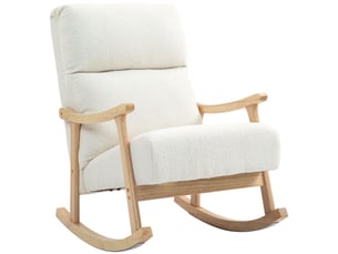 Fauteuil à bascule rembourré en velours teddy, dossier ergonomique, pieds en bois d'hévéa, couleur crème