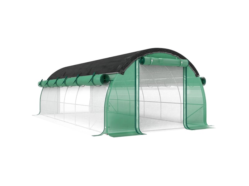  Serre tunnel de jardin 6 x 3 x 2 m en plastique vert, 12 fenêtres, porte enroulable et ancrages au sol  - Conforama A