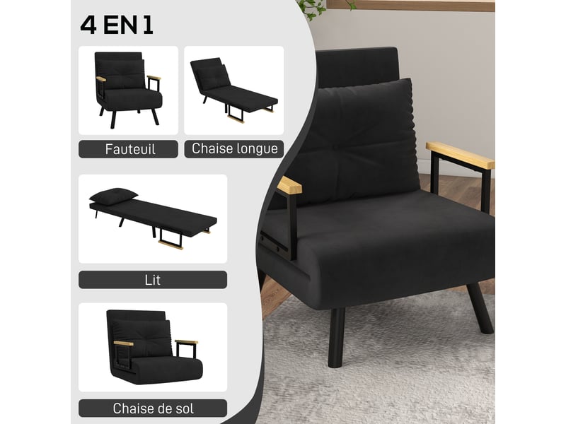  Fauteuil convertible 1 place en tissu effet velours avec accoudoirs noir 63x73x81 cm  - Conforama D