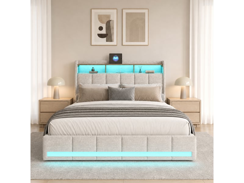  Lit rembourré 140 x 200 cm, lit double avec éclairage led et 4 tiroirs, tête de lit avec espace de rangement et port usb, lin, beige 231205TT0706#AD4XTHWxYkDELLM - Conforama C