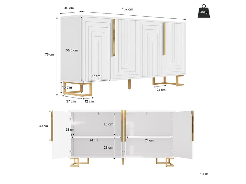  Buffet 2 portes 4 compartiments en mdf pieds en métal 152 x 40 x 75 cm  - Conforama C