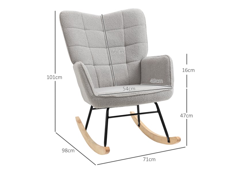  Fauteuil à bascule capitonné en bois et acier, revêtement en bouclé, 71 x 98 x 101 cm, gris  - Conforama E
