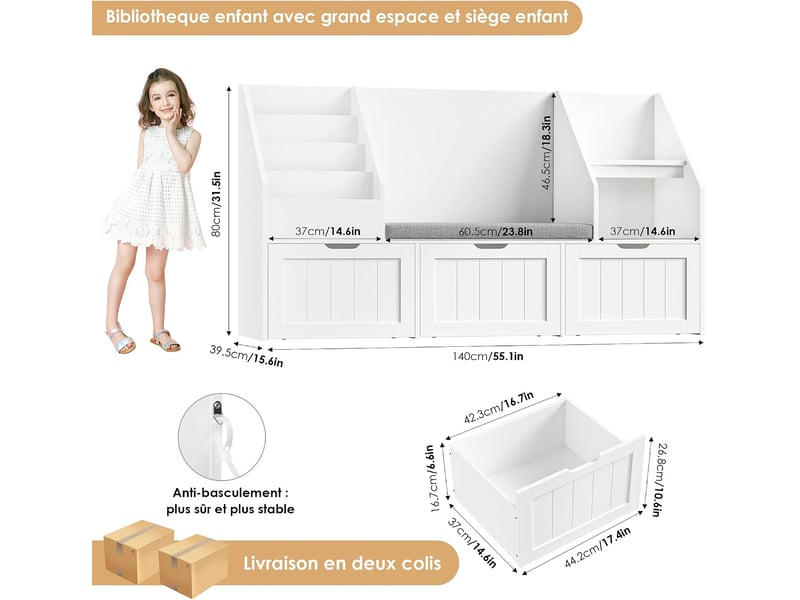  Meuble rangement enfant bibliothèque enfant avec banc 9 étagères 3 tiroirs roulants coussin amovible rangement jouet 140x39.5x80cm blanc  - Conforama C