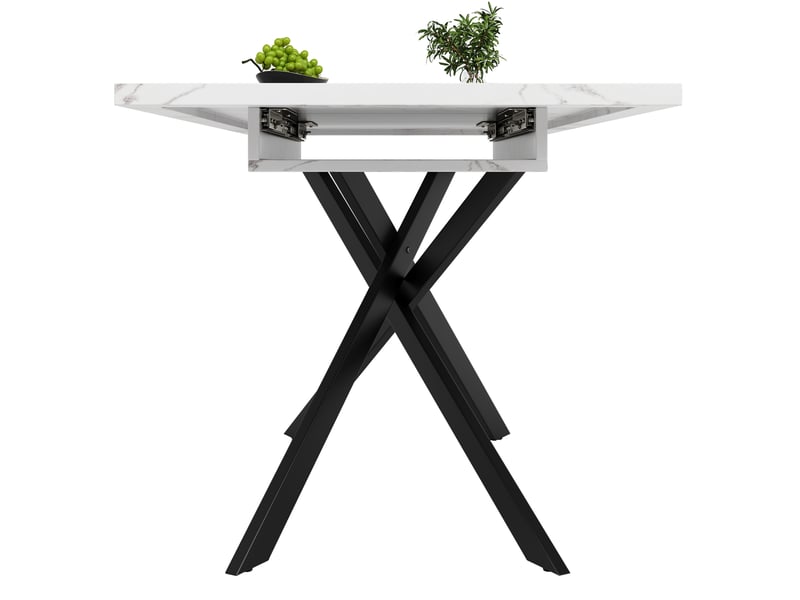  Table extensible (120)160x80x76,5cm, coloris blanc et noir, motif imitation marbre (non marbre), plateau aggloméré, cadre en métal, pieds croisés  - Conforama A