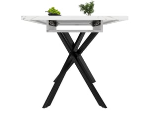 Table extensible (120)160x80x76,5cm, coloris blanc et noir, motif imitation marbre (non marbre), plateau aggloméré, cadre en métal, pieds croisés