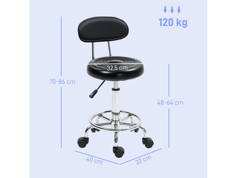  Tabouret de travail pivotant à roulettes avec dossier, similicuir noir, 32 x 40 x 70-86 cm, repose-pieds réglable  - Conforama C