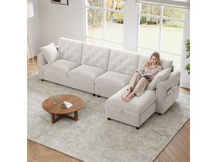 Canapé d'angle convertible en tissu beige, 4 places avec coffre de rangement - méridienne réversible & accoudoirs avec poches pour salon moderne