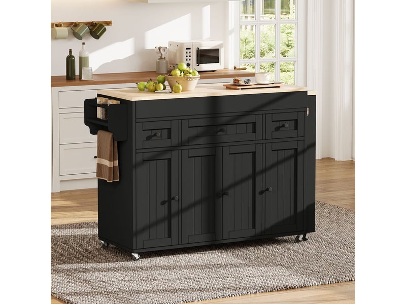 Îlot de cuisine sur roulettes espace repas extensible porte-épices intégré tiroirs de rangement structure mobile îlot indépendant finition noire - Conforama B