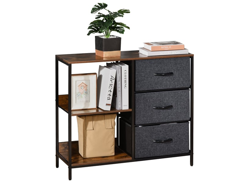  Commode étroite en tissu 3 tiroirs pliables + 2 étagères, lin gris et marron rustique, mdf et métal, 80x29x71 cm 831-407CG - Conforama A