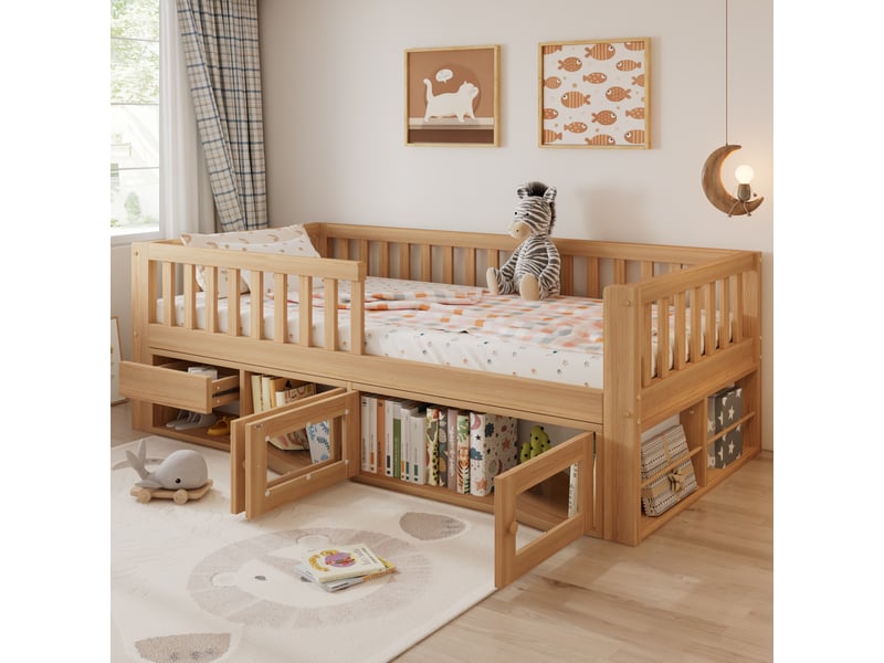  Lit enfant 90x200 capitonné beige - tête de lit en pu design vague cadre en bois massif  - Conforama D