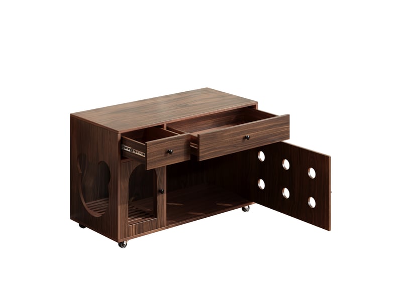  Meuble cache-litière à roulettes 100x45x66 cm – noyer – 2 tiroirs, portes ventilées, plaque amovible  - Conforama D