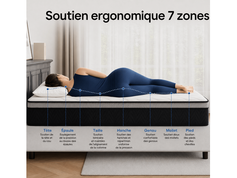  Matelas 180x200 cm - elysia – mousse mémoire de forme – 25 cm – soutien 7 zones – hypoallergénique – ferme &amp; confort équilibré.  - Conforama C