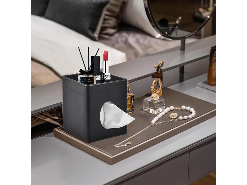  Boîte à mouchoirs carrée en cuir avec plateau de rangement et fermeture magnétique, pour bureau, maison, hôtel, restaurant et voiture - noir  - Conforama E